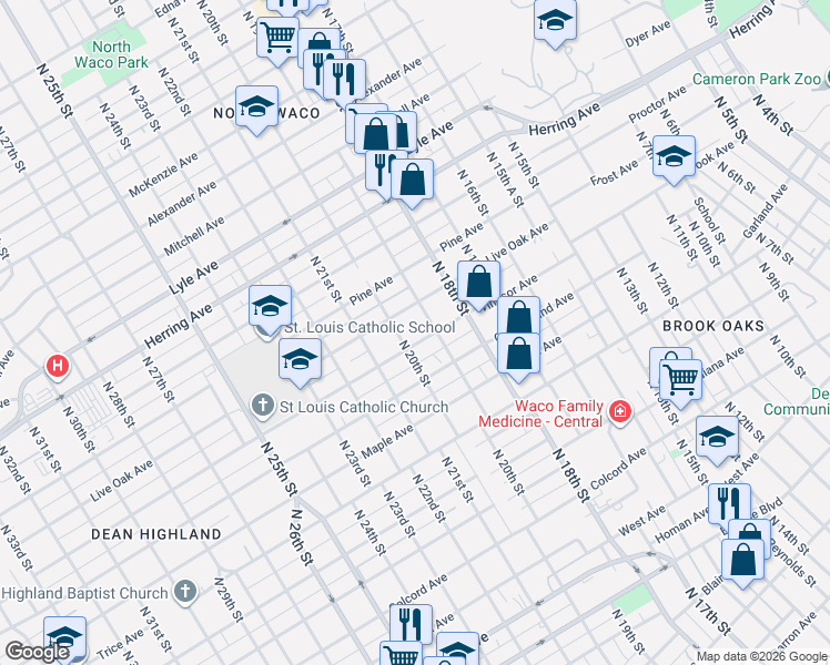 map of restaurants, bars, coffee shops, grocery stores, and more near 1906 Live Oak Avenue in Waco