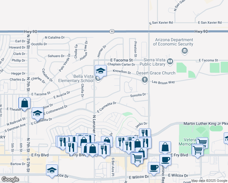 map of restaurants, bars, coffee shops, grocery stores, and more near 1859 East Cottonwood Drive in Sierra Vista