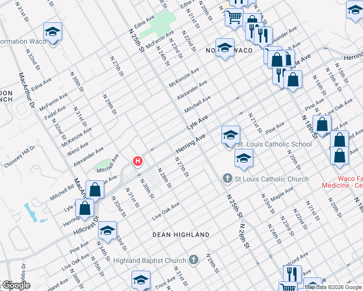 map of restaurants, bars, coffee shops, grocery stores, and more near 2604 Lyle Avenue in Waco