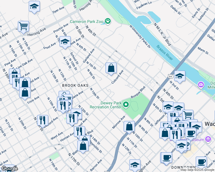 map of restaurants, bars, coffee shops, grocery stores, and more near 801 Colcord Avenue in Waco