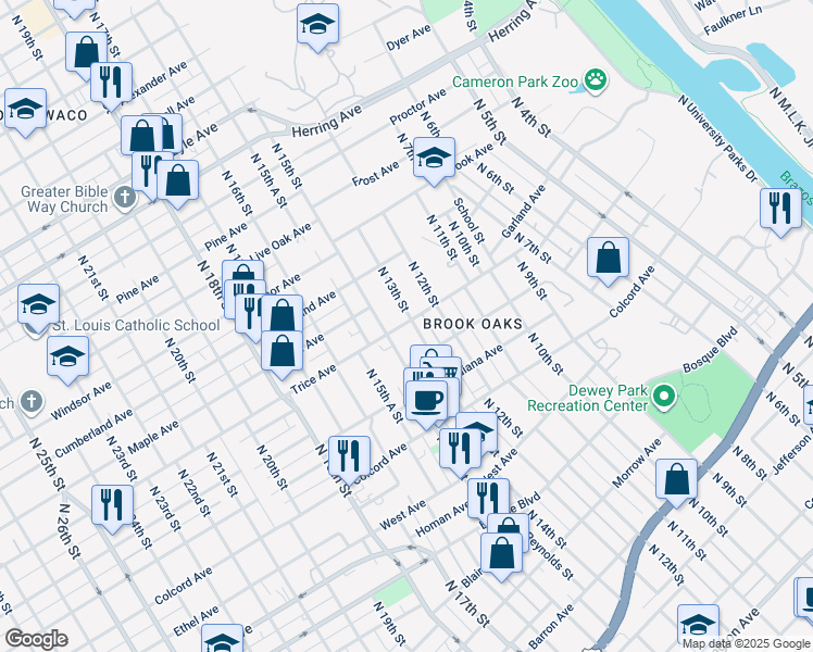 map of restaurants, bars, coffee shops, grocery stores, and more near 1809 North 13th Street in Waco