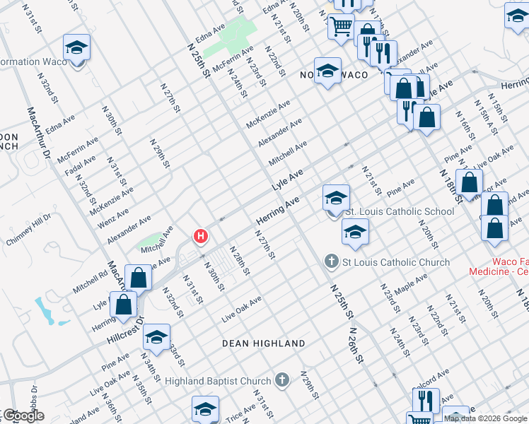 map of restaurants, bars, coffee shops, grocery stores, and more near 2604 Lyle Avenue in Waco