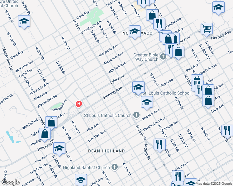 map of restaurants, bars, coffee shops, grocery stores, and more near 2500 Herring Avenue in Waco