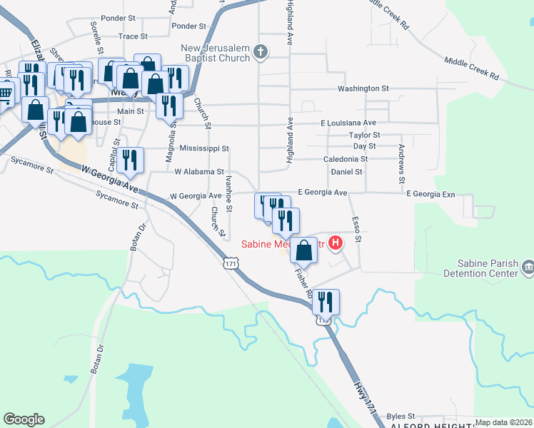 map of restaurants, bars, coffee shops, grocery stores, and more near 1398 Miller Circle Drive in Many