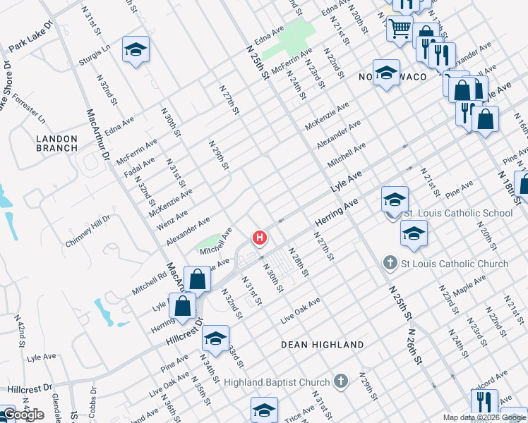map of restaurants, bars, coffee shops, grocery stores, and more near 2737 Mitchell Avenue in Waco