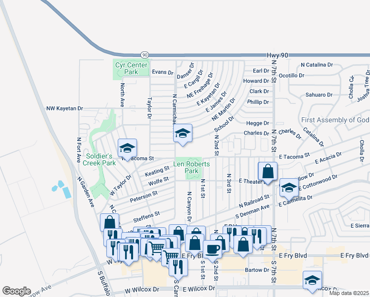 map of restaurants, bars, coffee shops, grocery stores, and more near 701 North Carmichael Avenue in Sierra Vista