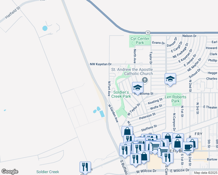 map of restaurants, bars, coffee shops, grocery stores, and more near North Fort Avenue in Sierra Vista