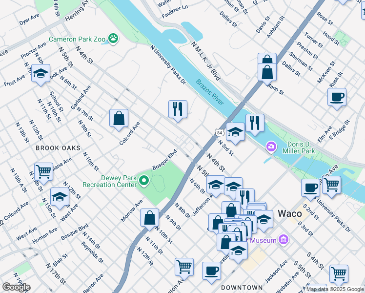 map of restaurants, bars, coffee shops, grocery stores, and more near 400 Bosque Boulevard in Waco