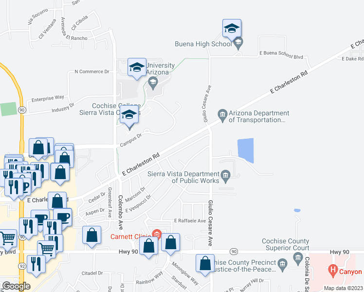 map of restaurants, bars, coffee shops, grocery stores, and more near 5061 East De Medici Drive in Sierra Vista