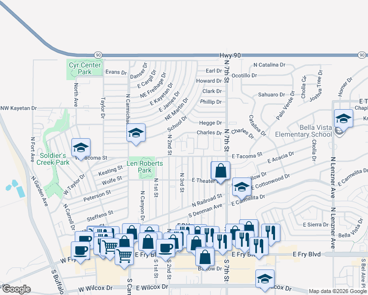 map of restaurants, bars, coffee shops, grocery stores, and more near 404 Magdalena Court in Sierra Vista