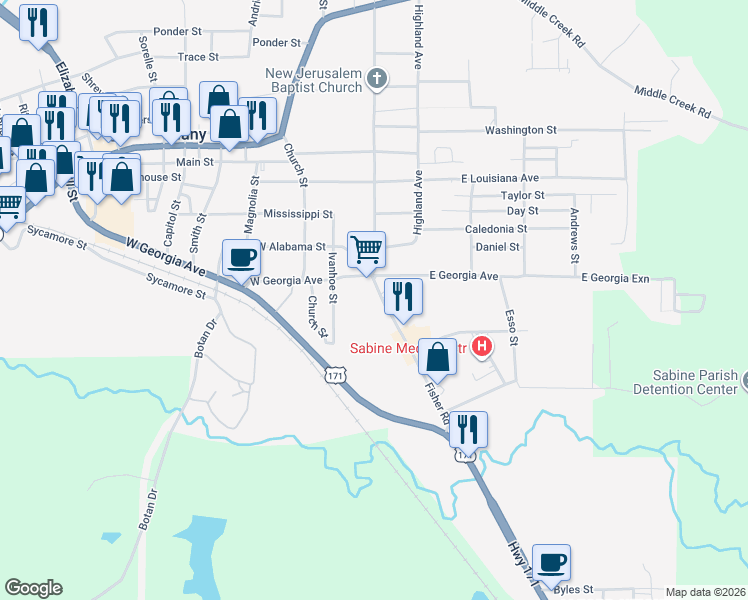 map of restaurants, bars, coffee shops, grocery stores, and more near 1300-1398 Miller Cir Dr in Many
