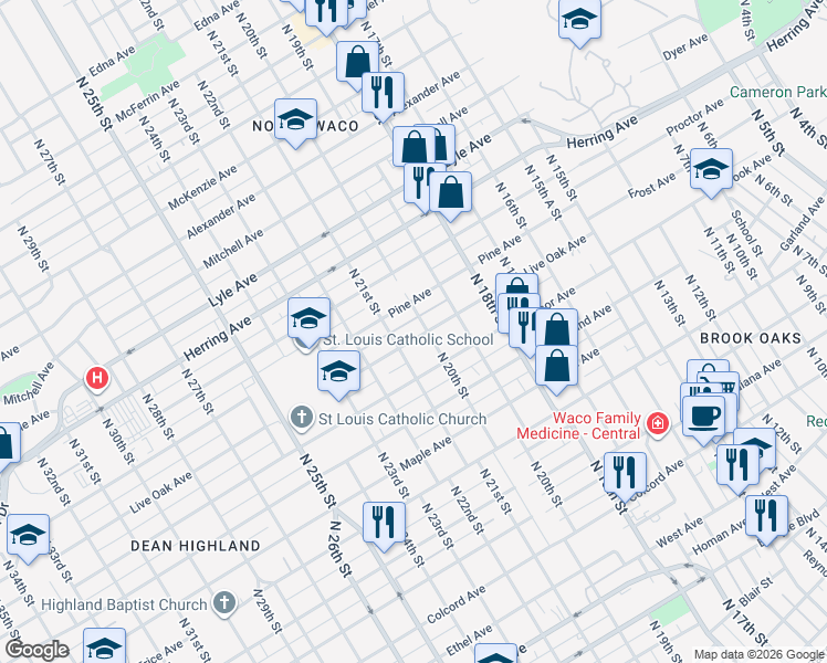 map of restaurants, bars, coffee shops, grocery stores, and more near 2005 Live Oak Avenue in Waco