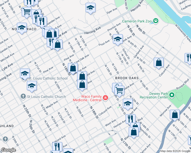 map of restaurants, bars, coffee shops, grocery stores, and more near 1512 Cumberland Avenue in Waco