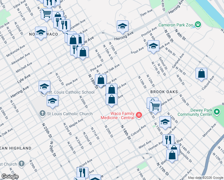 map of restaurants, bars, coffee shops, grocery stores, and more near 1605 Cumberland Avenue in Waco