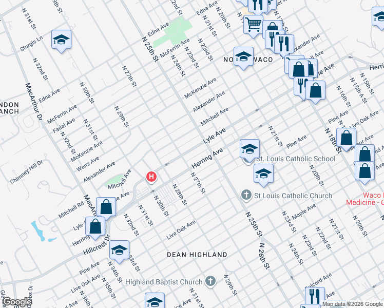 map of restaurants, bars, coffee shops, grocery stores, and more near 2604 Lyle Avenue in Waco