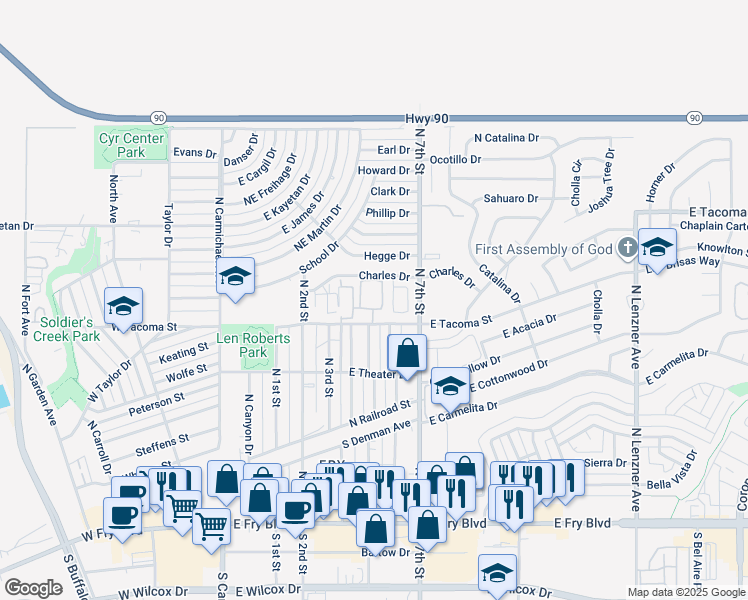 map of restaurants, bars, coffee shops, grocery stores, and more near 600 Charles Drive in Sierra Vista