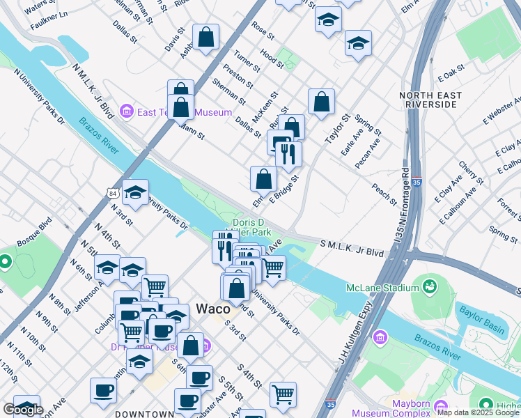 map of restaurants, bars, coffee shops, grocery stores, and more near 100-198 Elm St in Waco
