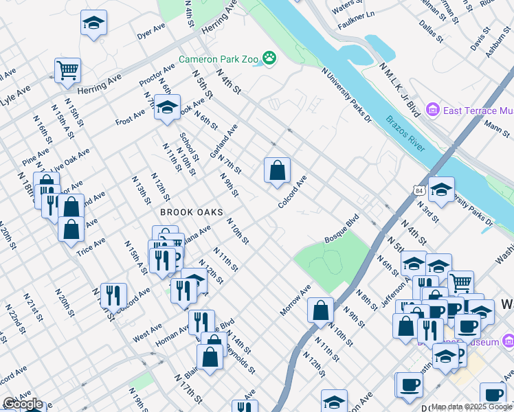 map of restaurants, bars, coffee shops, grocery stores, and more near 1401 North 9th Street in Waco