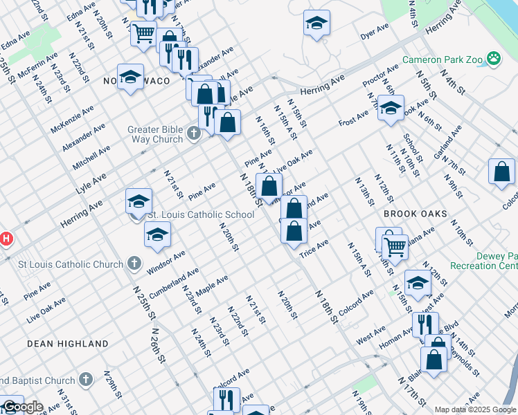 map of restaurants, bars, coffee shops, grocery stores, and more near 1811 Windsor Avenue in Waco