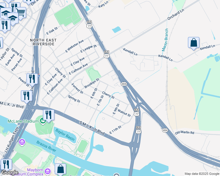 map of restaurants, bars, coffee shops, grocery stores, and more near 1409 Chattanooga Street in Waco
