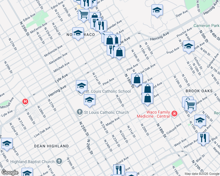 map of restaurants, bars, coffee shops, grocery stores, and more near 2005 Live Oak Ave in Waco