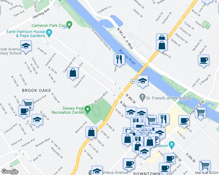 map of restaurants, bars, coffee shops, grocery stores, and more near 407 Bosque Boulevard in Waco