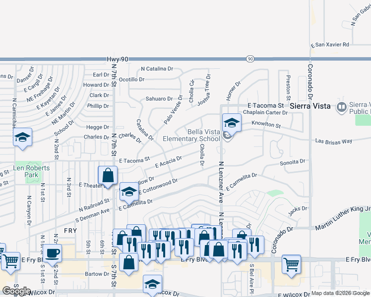 map of restaurants, bars, coffee shops, grocery stores, and more near 1320 East Tacoma Street in Sierra Vista