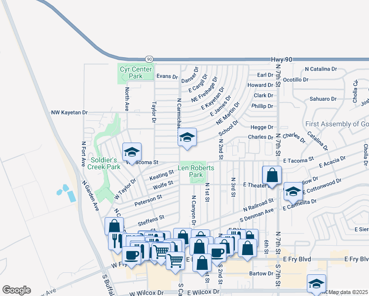 map of restaurants, bars, coffee shops, grocery stores, and more near 701 North Carmichael Avenue in Sierra Vista