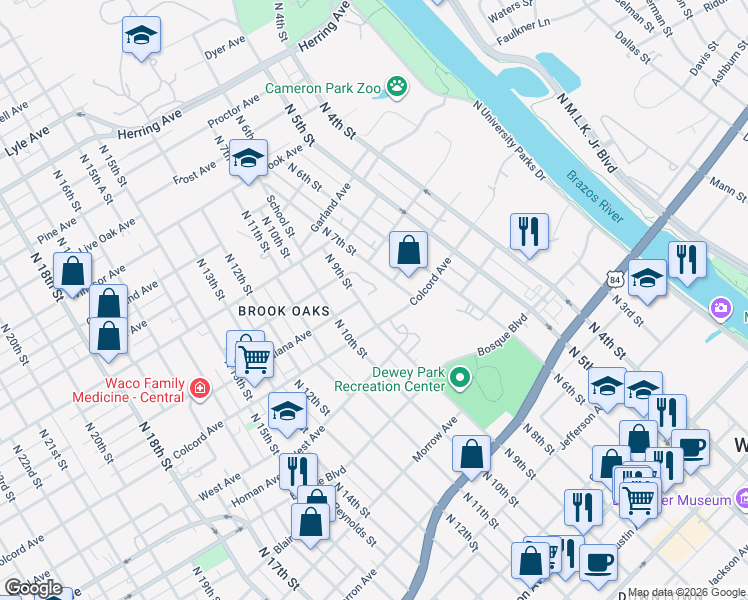 map of restaurants, bars, coffee shops, grocery stores, and more near 817 Colcord Avenue in Waco