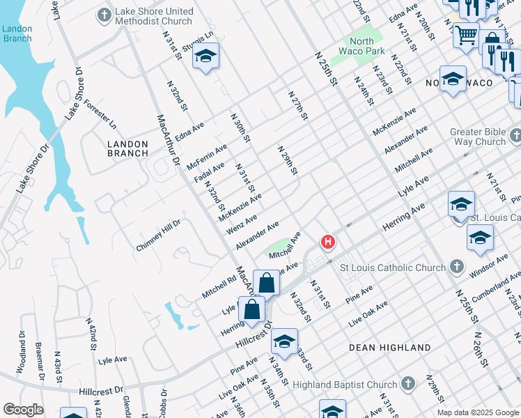map of restaurants, bars, coffee shops, grocery stores, and more near 3101 Wenz Avenue in Waco