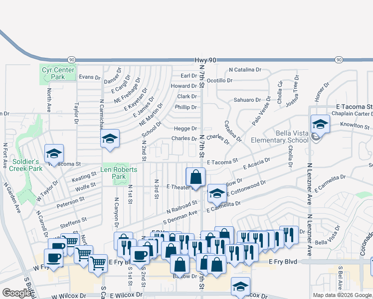 map of restaurants, bars, coffee shops, grocery stores, and more near 725 4 Winds Circle in Sierra Vista