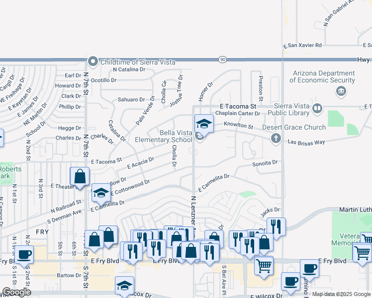 map of restaurants, bars, coffee shops, grocery stores, and more near 800 North Lenzner Avenue in Sierra Vista