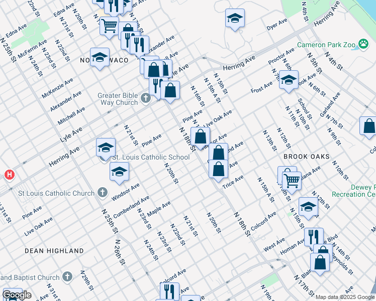 map of restaurants, bars, coffee shops, grocery stores, and more near 1811 Windsor Avenue in Waco