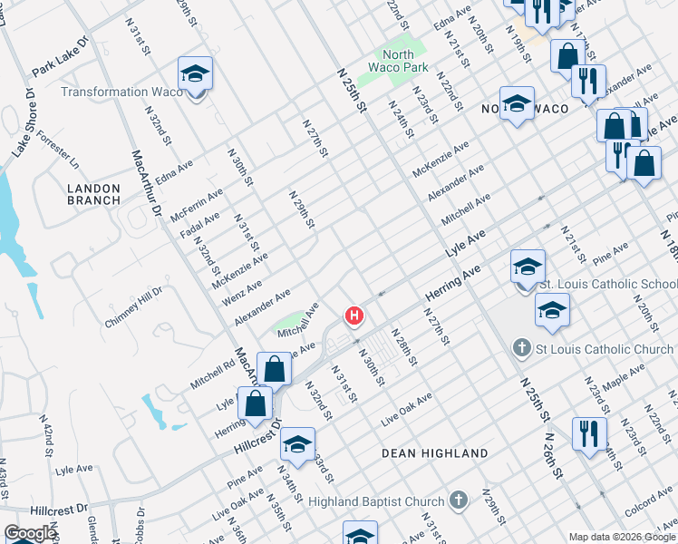 map of restaurants, bars, coffee shops, grocery stores, and more near 2824 Alexander Avenue in Waco