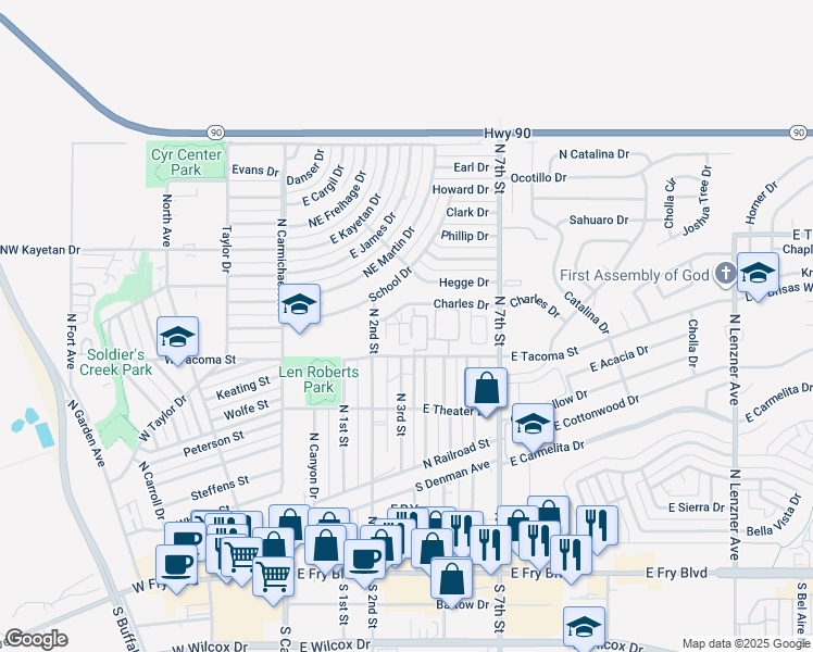 map of restaurants, bars, coffee shops, grocery stores, and more near 404 Magdalena Court in Sierra Vista