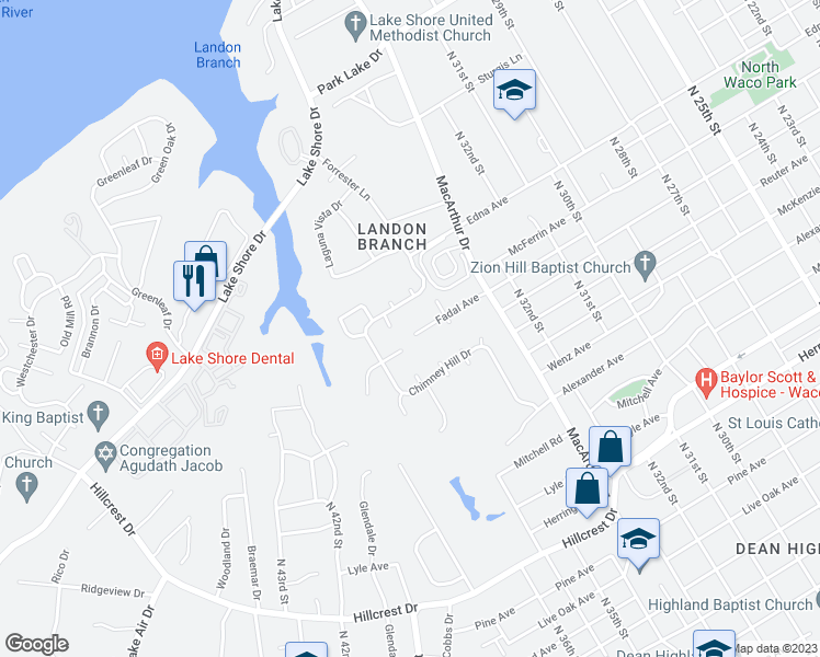 map of restaurants, bars, coffee shops, grocery stores, and more near 3425 Fadal Avenue in Waco