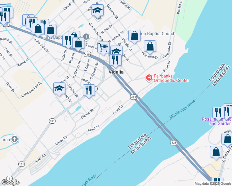 map of restaurants, bars, coffee shops, grocery stores, and more near 101 Riverside Street in Vidalia