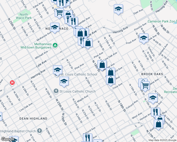 map of restaurants, bars, coffee shops, grocery stores, and more near 1906 Live Oak Avenue in Waco