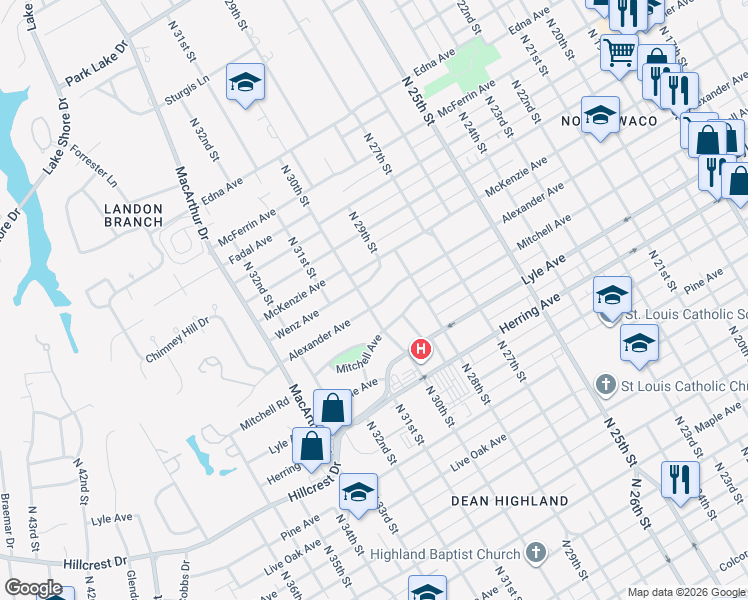 map of restaurants, bars, coffee shops, grocery stores, and more near 3000 Wenz Avenue in Waco