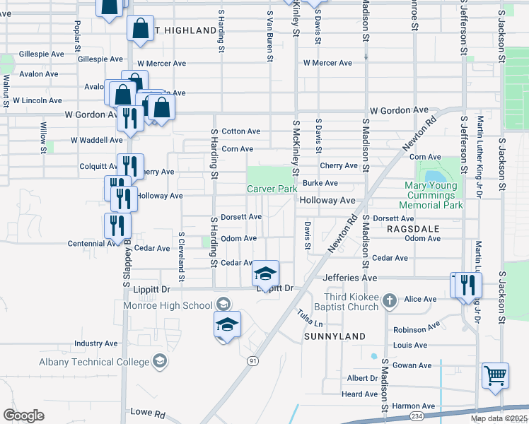 map of restaurants, bars, coffee shops, grocery stores, and more near 1116 South Van Buren Street in Albany