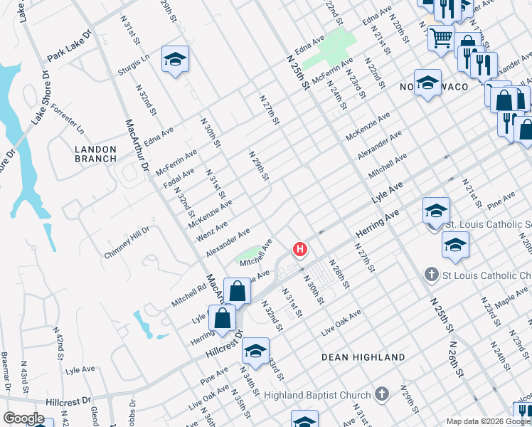 map of restaurants, bars, coffee shops, grocery stores, and more near 3000 Wenz Avenue in Waco