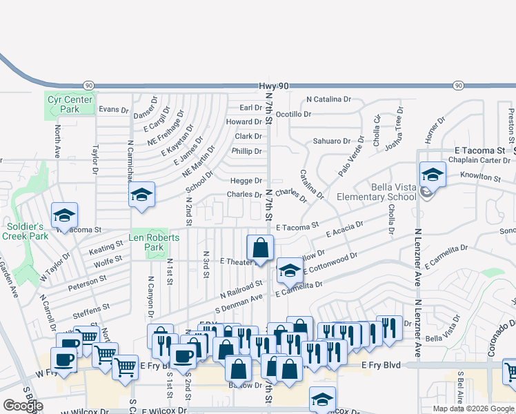 map of restaurants, bars, coffee shops, grocery stores, and more near 725 4 Winds Circle in Sierra Vista