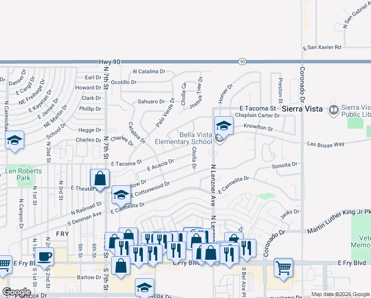 map of restaurants, bars, coffee shops, grocery stores, and more near 1320 East Tacoma Street in Sierra Vista