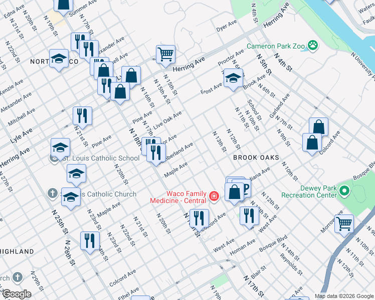 map of restaurants, bars, coffee shops, grocery stores, and more near 1512 Cumberland Avenue in Waco