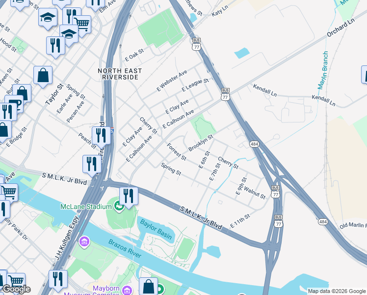 map of restaurants, bars, coffee shops, grocery stores, and more near 102 Applegrove Cir in Waco
