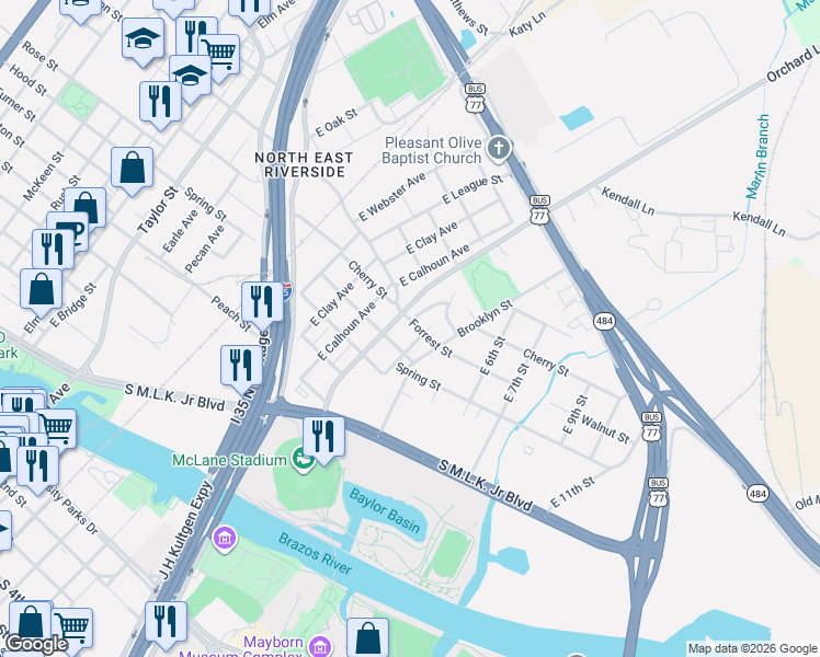 map of restaurants, bars, coffee shops, grocery stores, and more near 1007 Forrest Street in Waco