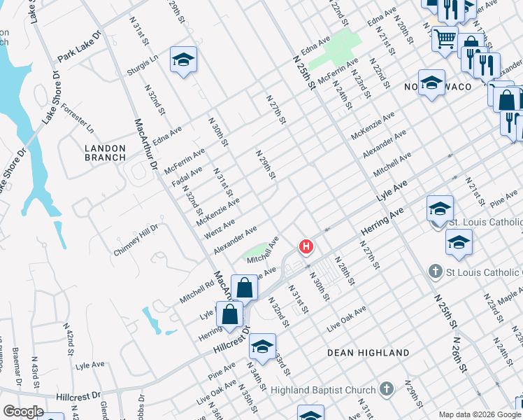 map of restaurants, bars, coffee shops, grocery stores, and more near 3000 Wenz Avenue in Waco