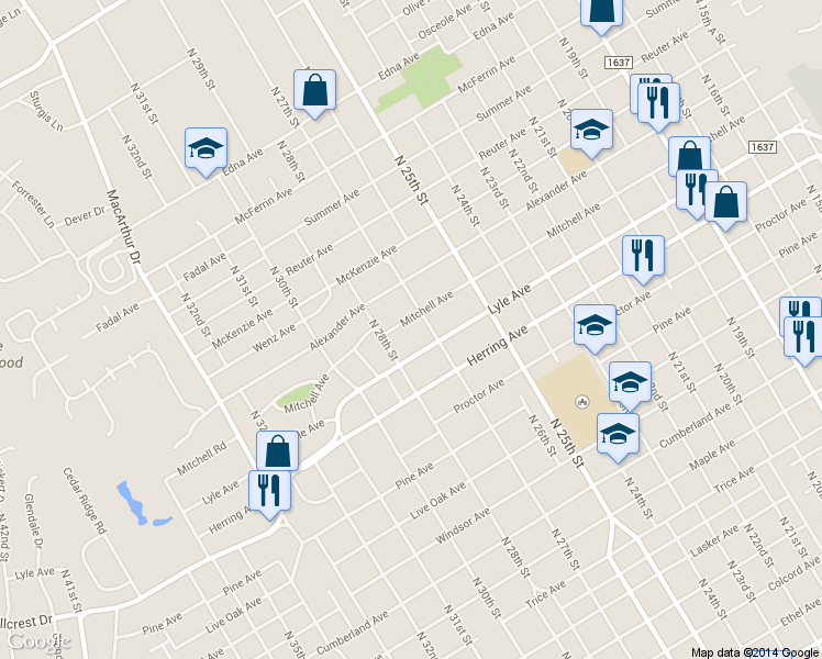 map of restaurants, bars, coffee shops, grocery stores, and more near 2704 Mitchell Avenue in Waco