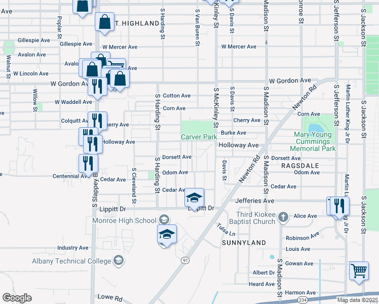 map of restaurants, bars, coffee shops, grocery stores, and more near 1116 South Van Buren Street in Albany
