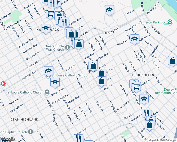 map of restaurants, bars, coffee shops, grocery stores, and more near 1811 Windsor Avenue in Waco